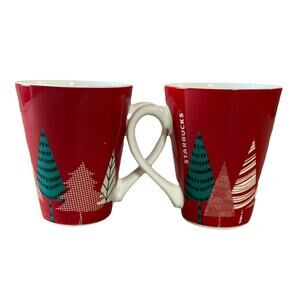 Starbucks 2017 Christmas Trees Coffee Mug set of 2Holiday Red White 13 oz